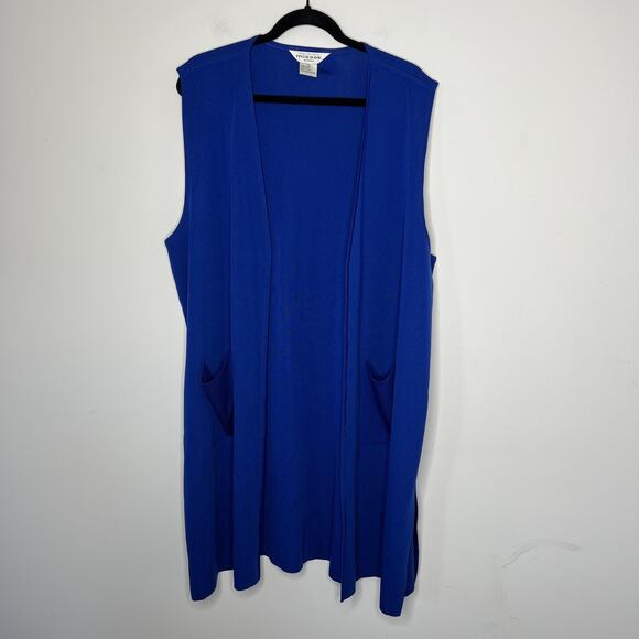 Misook Vest Womens 1X Blue Longline Open Front Duster Knit Pockets Sleeveless - Picture 1 of 10
